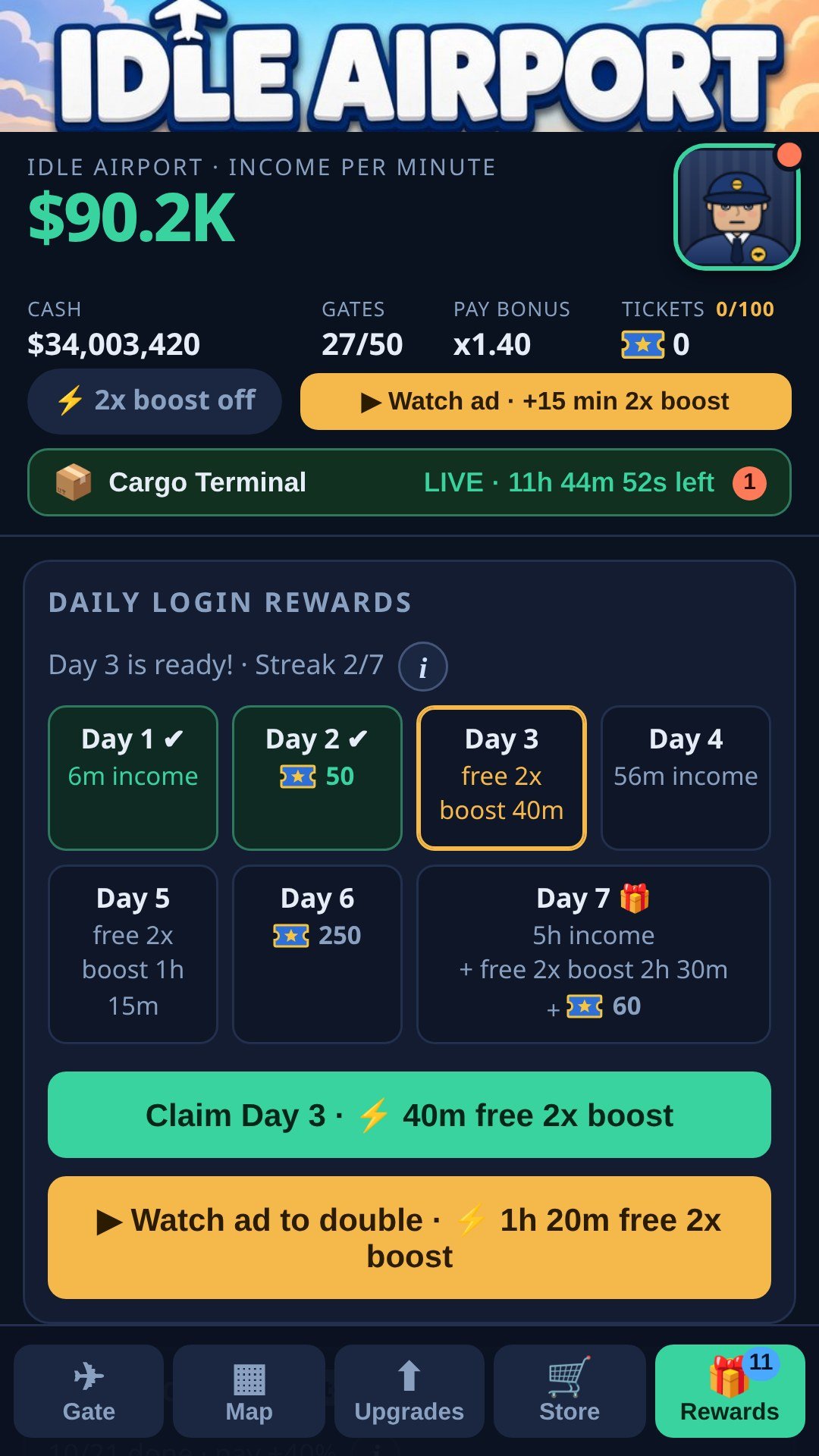 Idle Airport daily login rewards screen