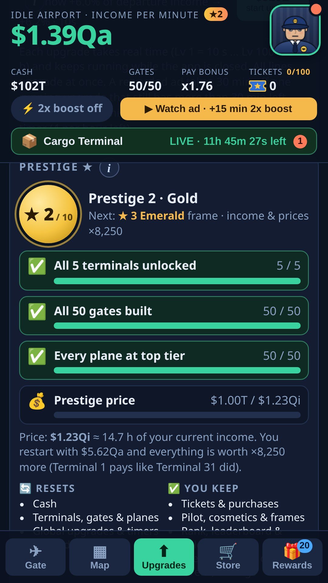 Idle Airport prestige screen