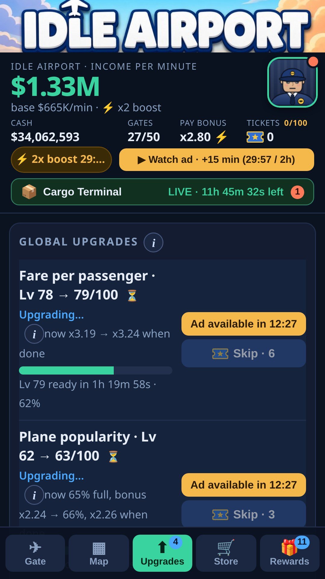 Idle Airport timed global upgrades screen